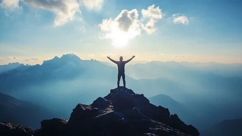 Silhouette on mountain summit embracing radiant sunrise sky.