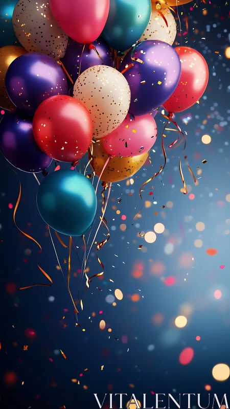 Celebratory Balloons Burst Into Confetti Against Twilight's Deep Embrace