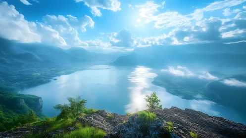 Mountain lake vista under bright sun and scattered clouds.
