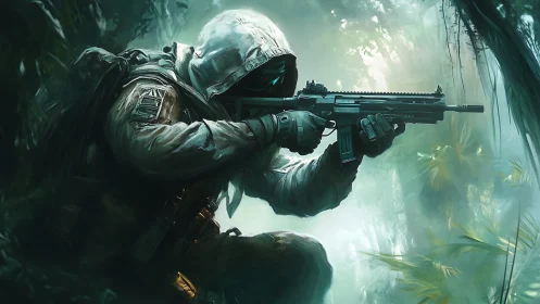 Stealth sniper stalks misty jungle with tactical rifle.