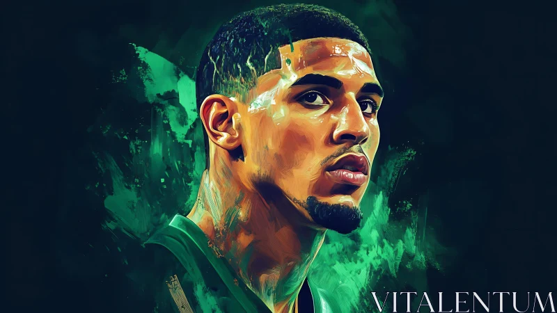 Emerald brushstrokes crown a focused basketball warrior’s gaze