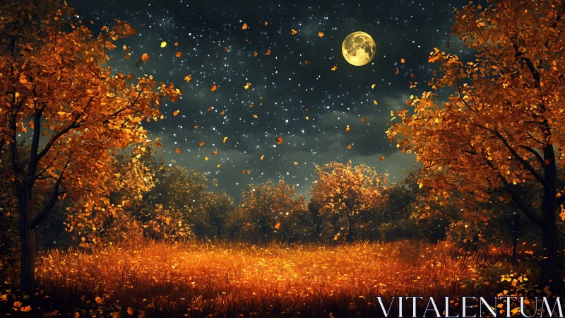 Autumn forest clearing under full moon with drifting foliage