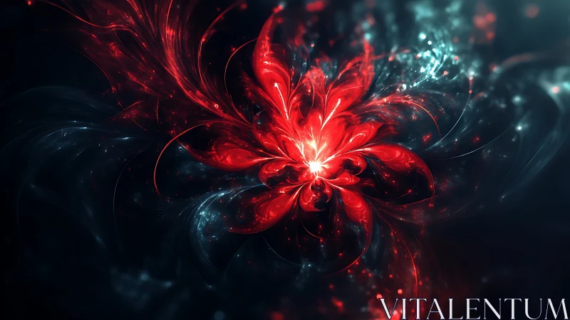 Red fractal flower blooming in dark abstract space.