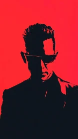 Silhouetted man in sunglasses stands against solid red