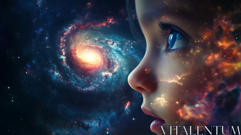 Child profile merges with spiral galaxy nebula vision
