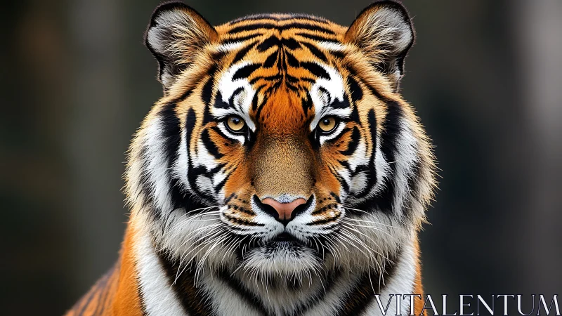 Majestic tiger gazes forward in an intense, moody portrait