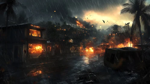 Apocalyptic tropical town engulfed in fire and rain.