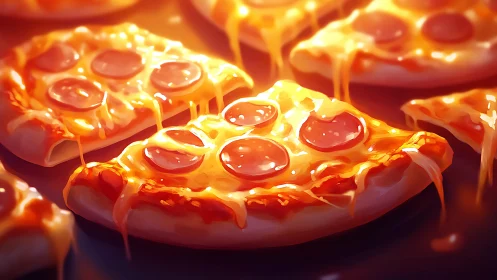 Golden pepperoni pizza slices glow with gooey melted cheese