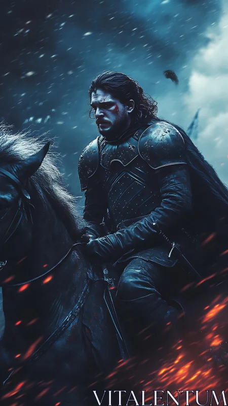 Armored cavalry warrior in stormlit battlefield emberscape.