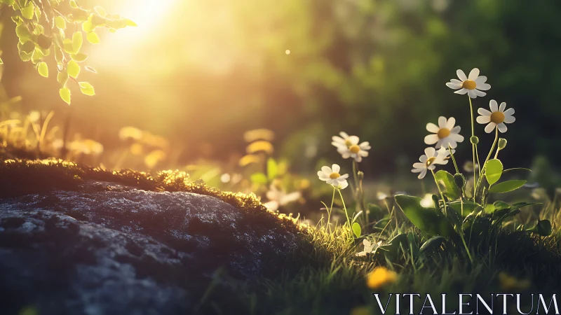 Backlit daisies emerge along a mossed rock in soft focus light