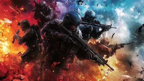 Tactical squad advancing through divided fire and smoke.