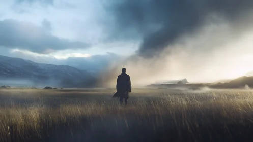 Solitary figure crosses misty field toward distant wreck.