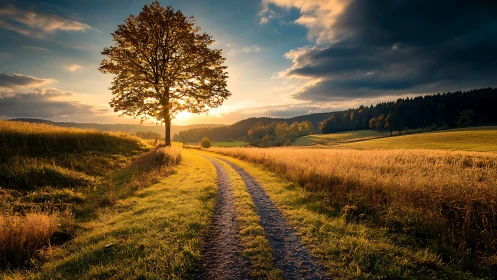 Country dirt path under golden sunset light through fields.
