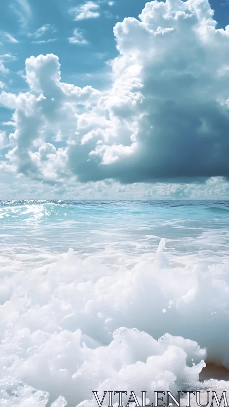 Dynamic coastal wavefront with cumulonimbus cloud architecture.