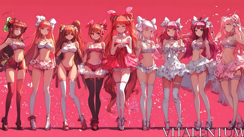 Elegant anime girls pose in coordinated pink and white outfits