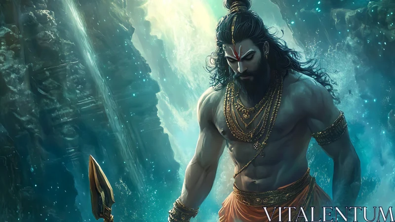 Warrior figure stands in aquatic cavern environment with spear