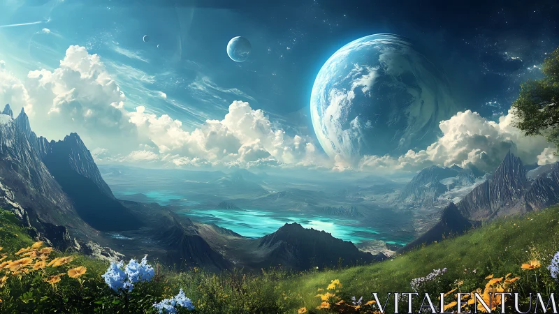 Epic extraterrestrial valley with twin planets, digital painting.