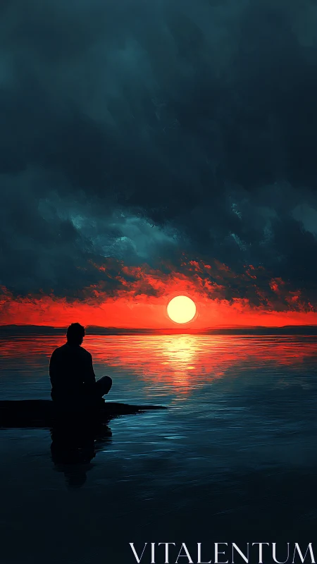 Solitary figure watches burning red sunset over calm sea