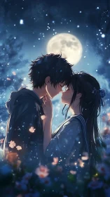 Moonlit petals pause time as two lovers lean into destiny