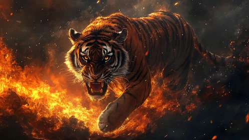 Digital rendering shows a striped tiger moving through fire