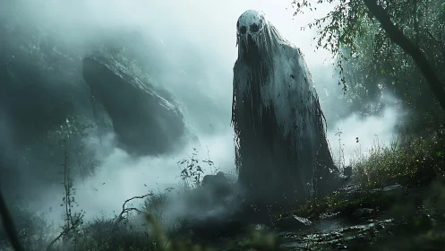 Ghostly shrouded figure looming in misty haunted forest.