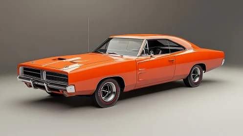 Vintage orange muscle car in pristine studio side profile.