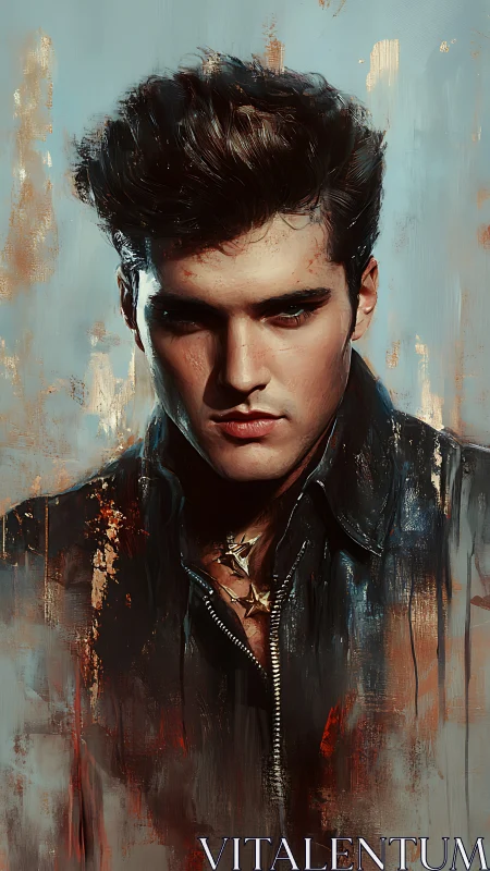 Brooding leather-clad rebel in textured digital portrait.