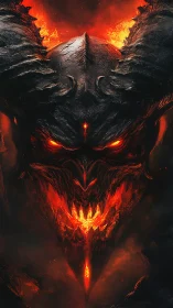 Volumetric-lit demonic visage with charred armor and molten core