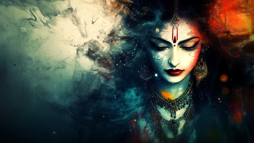 Divine female visage emerges through swirling cosmic fog