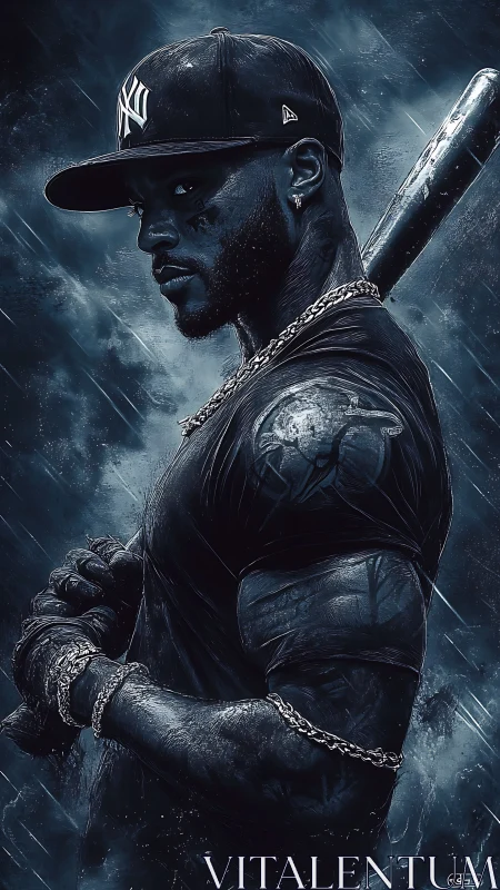 Dark baseball warrior holds bat under storm rain night