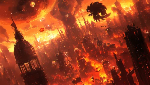 Apocalyptic inferno skyline with silhouetted combatant avatar.