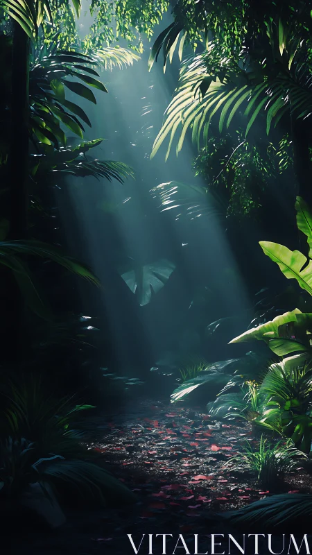 Jungle corridor lit by rays through dense tropical canopy