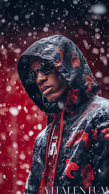 Hooded streetwear portrait in falling winter snowstorm.