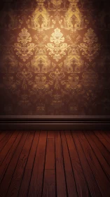 Vintage damask wall with polished wooden floorboards.