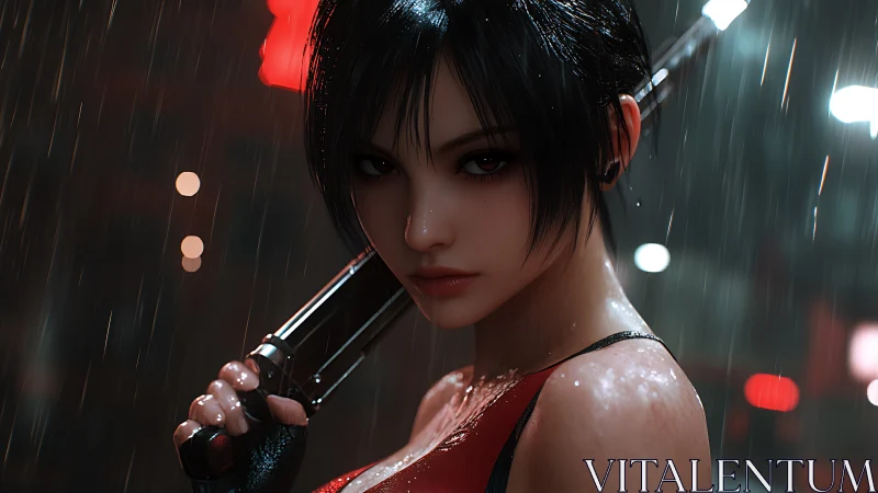 Digital portrait shows armed woman standing in wet night street