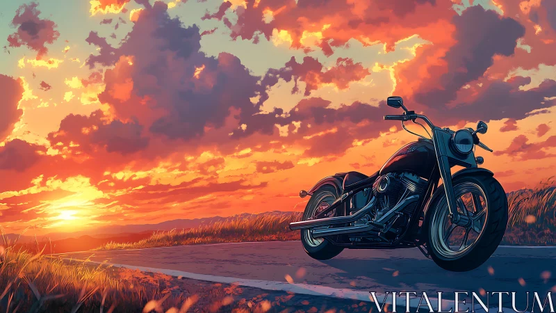 Custom cruiser motorcycle under cinematic sunset sky.