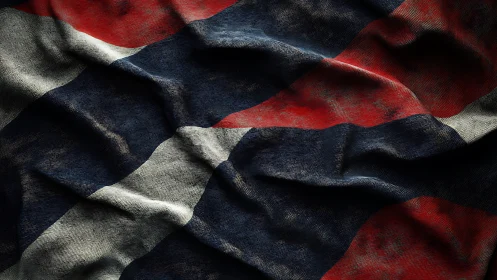 Weathered tricolor fabric folds create dramatic surface depth.