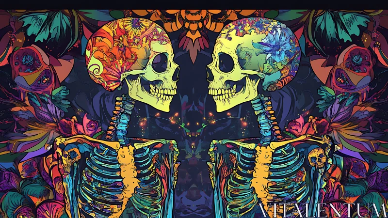 Vibrant twin skeletons share a psychedelic floral afterlife