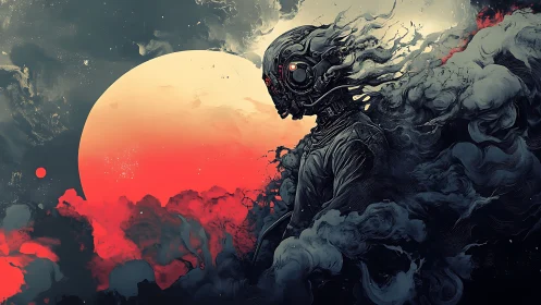 Cyborg silhouette drifting through red cosmic smoke storm.