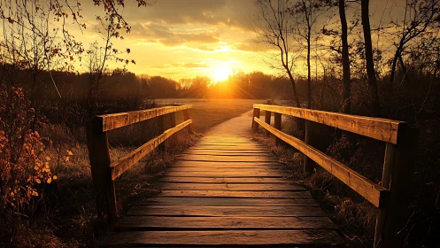 Wooden footbridge over rural path at low sun on horizon.