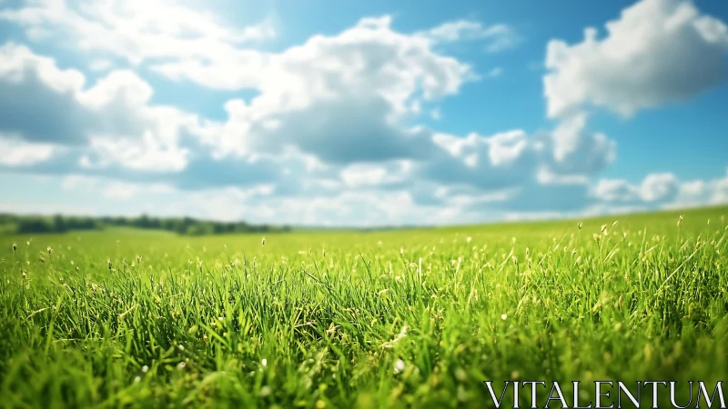 Green grass field under soft clouds on a clear day.
