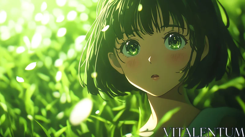 Green eyed anime girl in sunlit leaves portrait.
