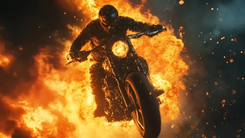 Flaming street rider charging through explosive inferno.