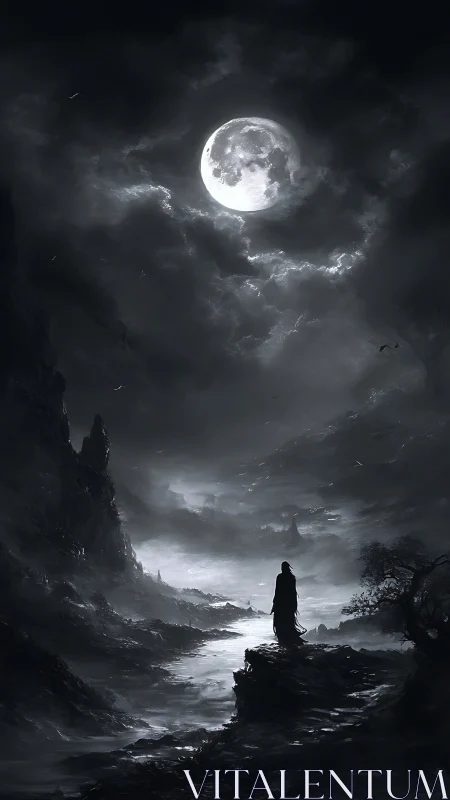 Solitary cloaked figure stands beneath full moon in ravine