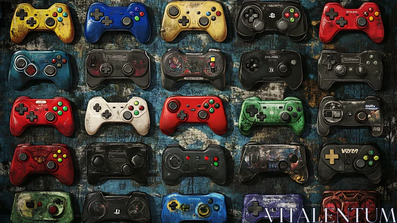 Tactile taxonomy of weathered game controllers in grid alignment.