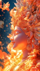 Radiant floral goddess profile bathed in golden light.