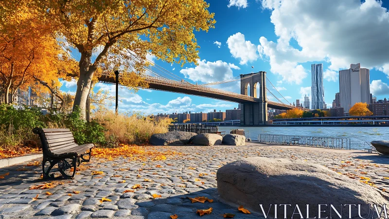 Brooklyn Bridge autumn waterfront park with cobblestone foreground