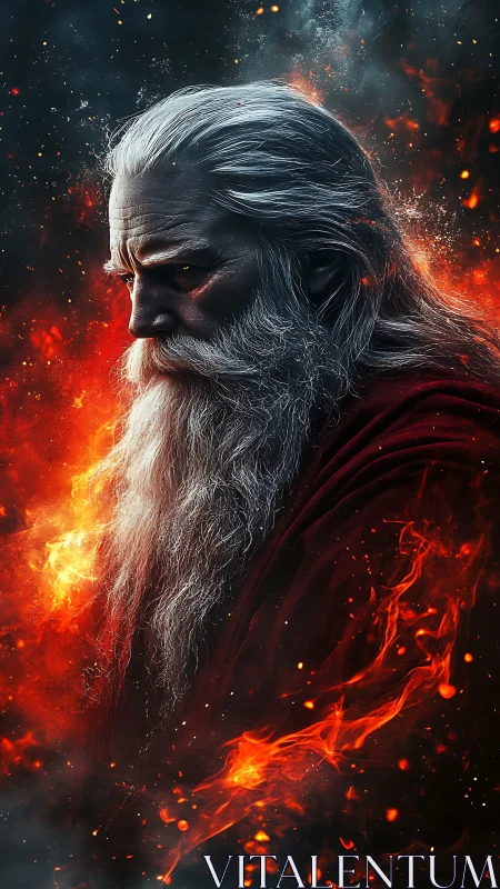 Elderly white‑haired male figure amid swirling fire effects.