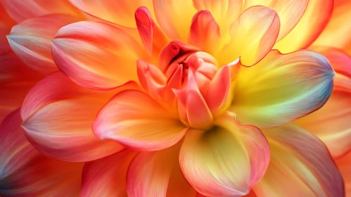 Dahlia bloom demonstrates gradient color transition from red to yellow tones