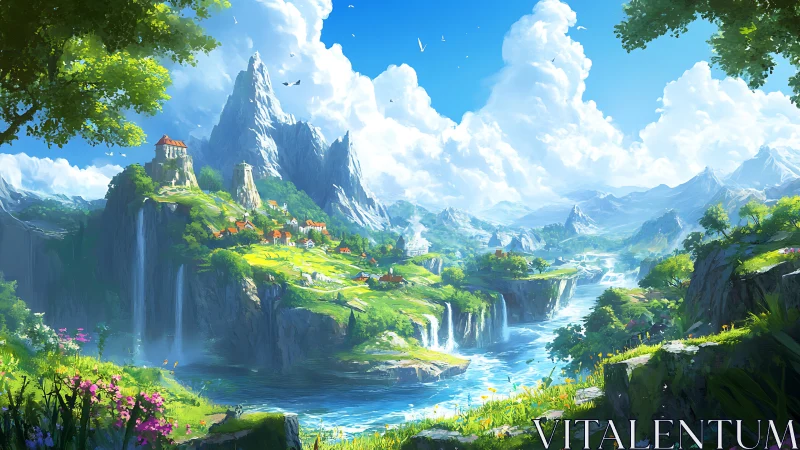 Luminous river valley with tiered waterfalls and distant alpine peaks